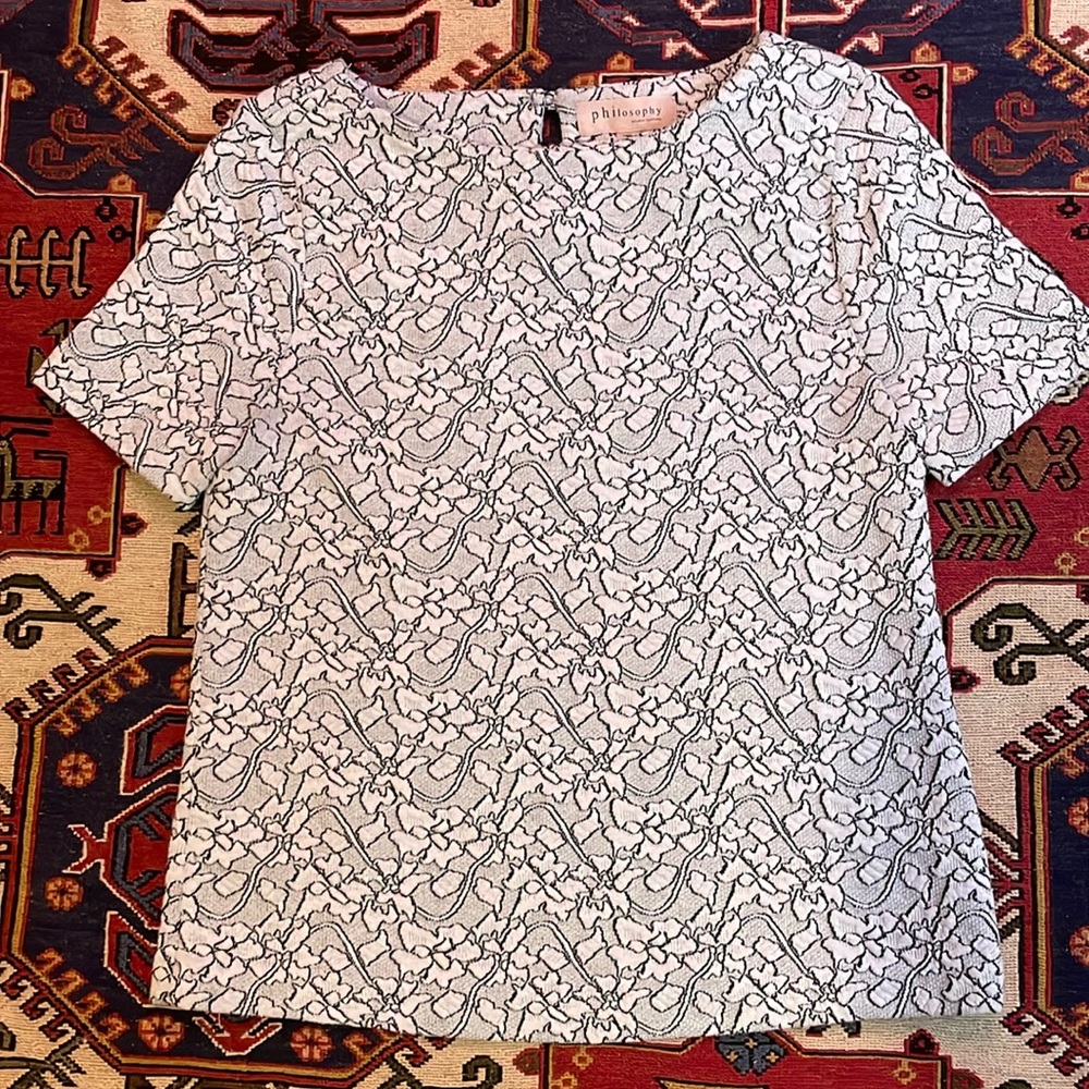 Philosophy Black & White Lace Short Sleeve Top sz XS